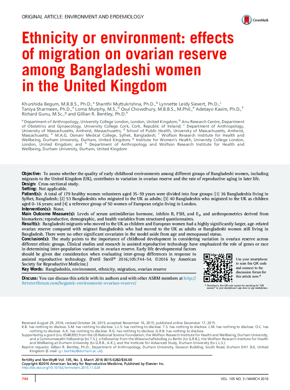 قومیت یا محیط زیست: اثرات مهاجرت به ذخیره تخمدان در میان زنان بنگلادشی در ایالت متحده بریتانیا 