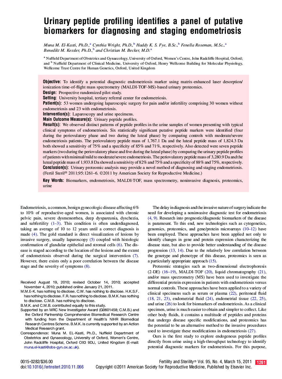 Urinary peptide profiling identifies a panel of putative biomarkers for diagnosing and staging endometriosis