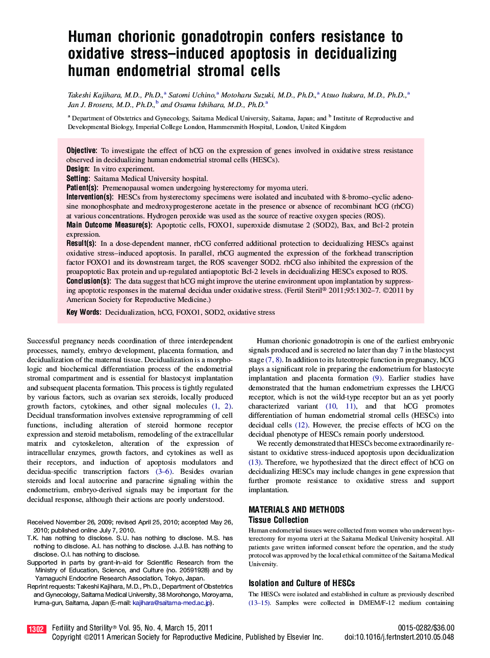 Human chorionic gonadotropin confers resistance to oxidative stress-induced apoptosis in decidualizing human endometrial stromal cells