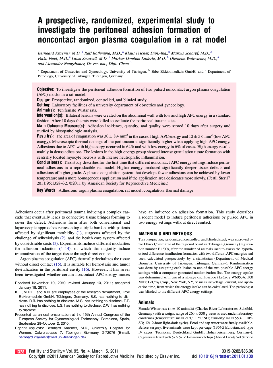 A prospective, randomized, experimental study to investigate the peritoneal adhesion formation of noncontact argon plasma coagulation in a rat model