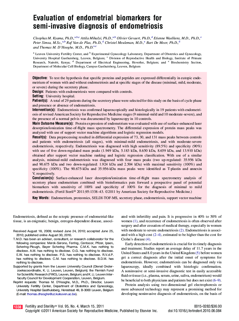 Evaluation of endometrial biomarkers for semi-invasive diagnosis of endometriosis