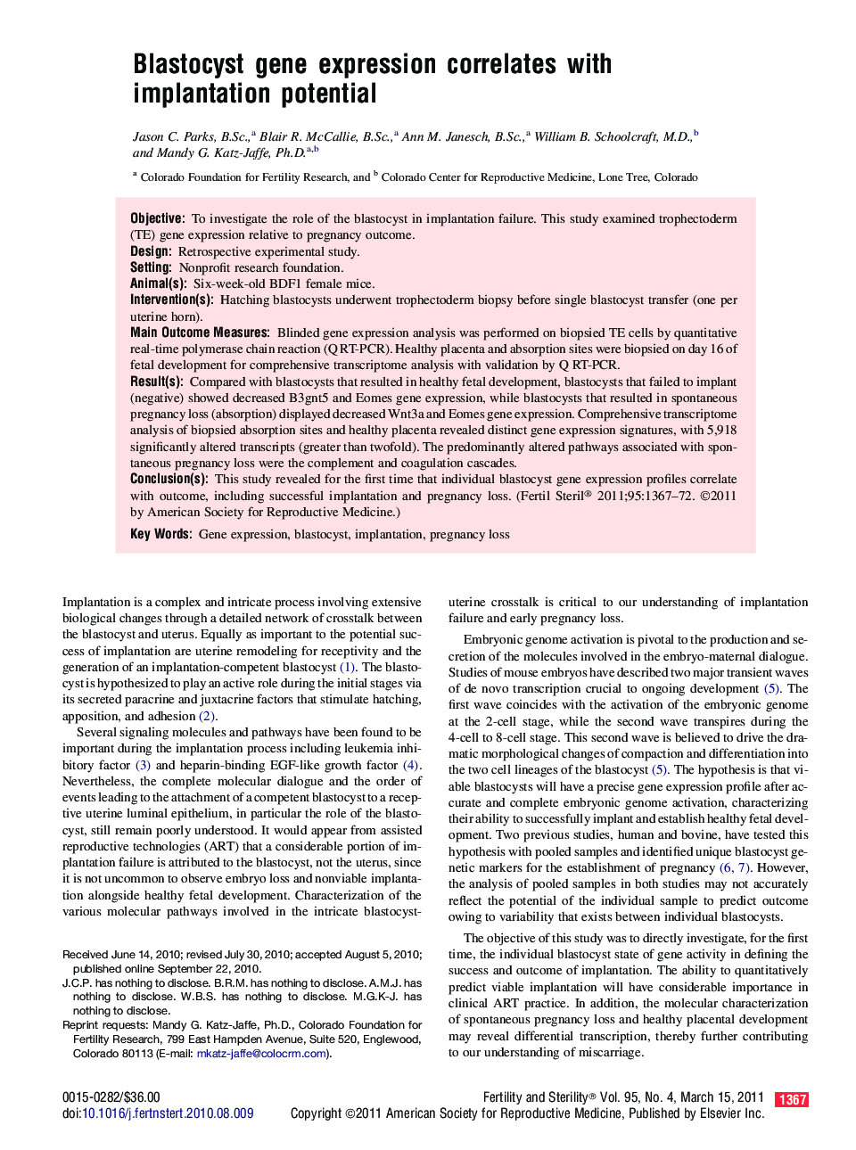 Blastocyst gene expression correlates with implantation potential