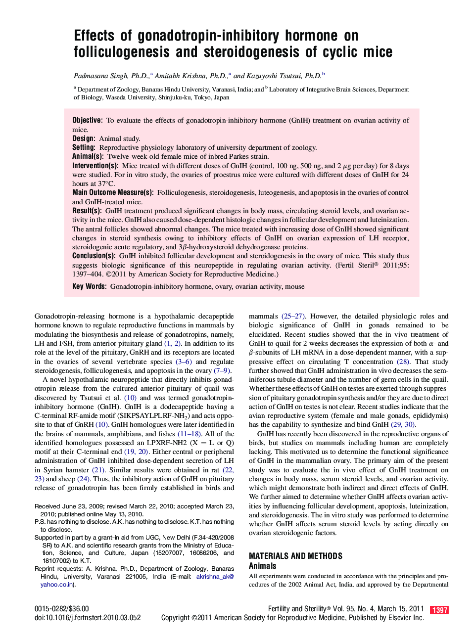 Effects of gonadotropin-inhibitory hormone on folliculogenesis and steroidogenesis of cyclic mice