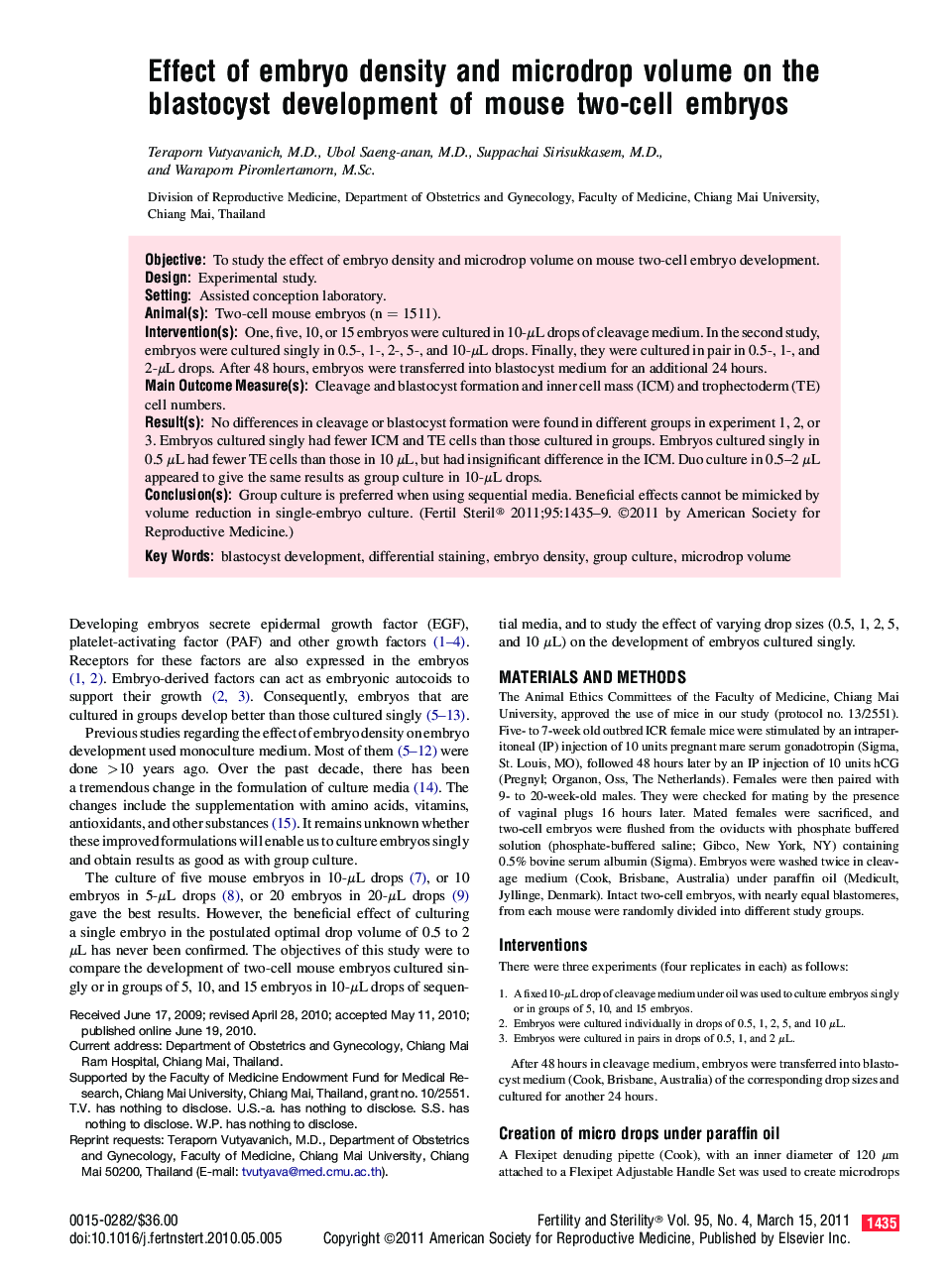 Effect of embryo density and microdrop volume on the blastocyst development of mouse two-cell embryos