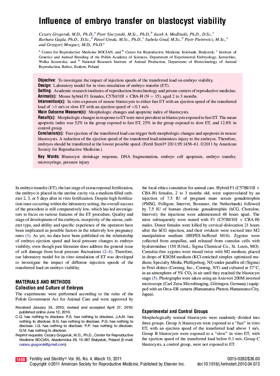 Influence of embryo transfer on blastocyst viability