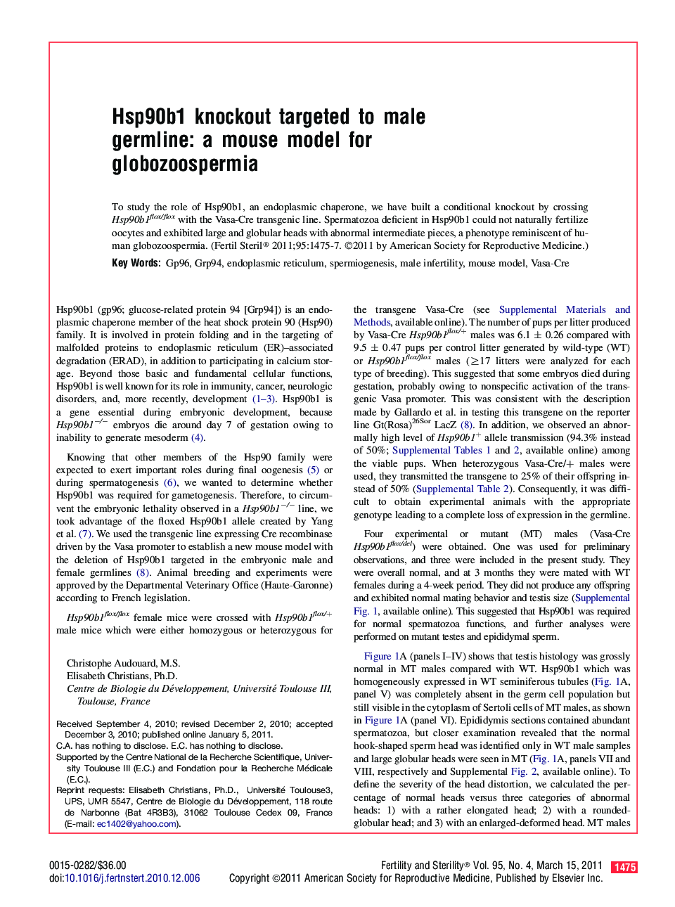 Hsp90b1 knockout targeted to male germline: a mouse model for globozoospermia