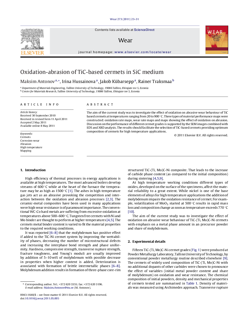 Oxidation-abrasion of TiC-based cermets in SiC medium