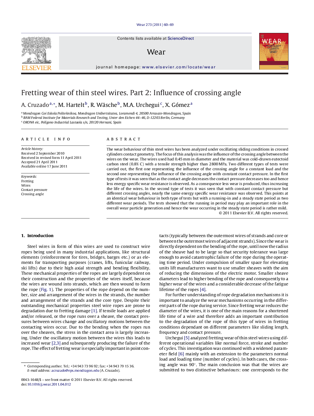 Fretting wear of thin steel wires. Part 2: Influence of crossing angle