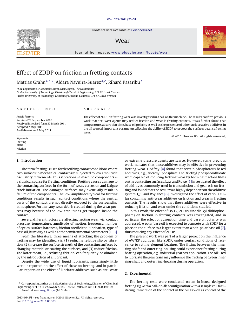 عکس صفحه اول مقاله: Effect of ZDDP on friction in fretting contacts Effect of ZDDP on friction in fretting contacts
