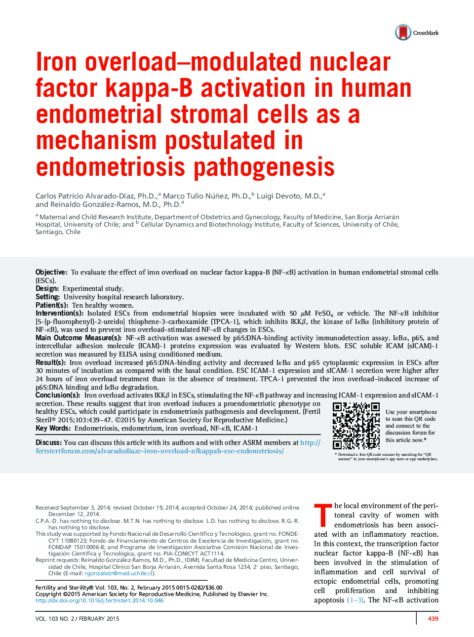 Iron overload-modulated nuclear factor kappa-B activation in human endometrial stromal cells as a mechanism postulated in endometriosis pathogenesis