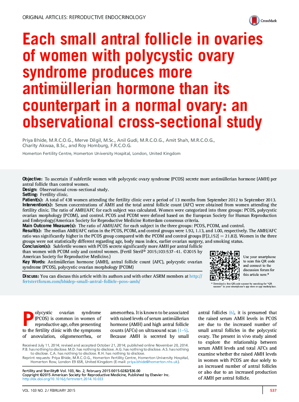 Each small antral follicle in ovaries of women with polycystic ovary syndrome produces more antimüllerian hormone than its counterpart in a normal ovary: an observational cross-sectional study