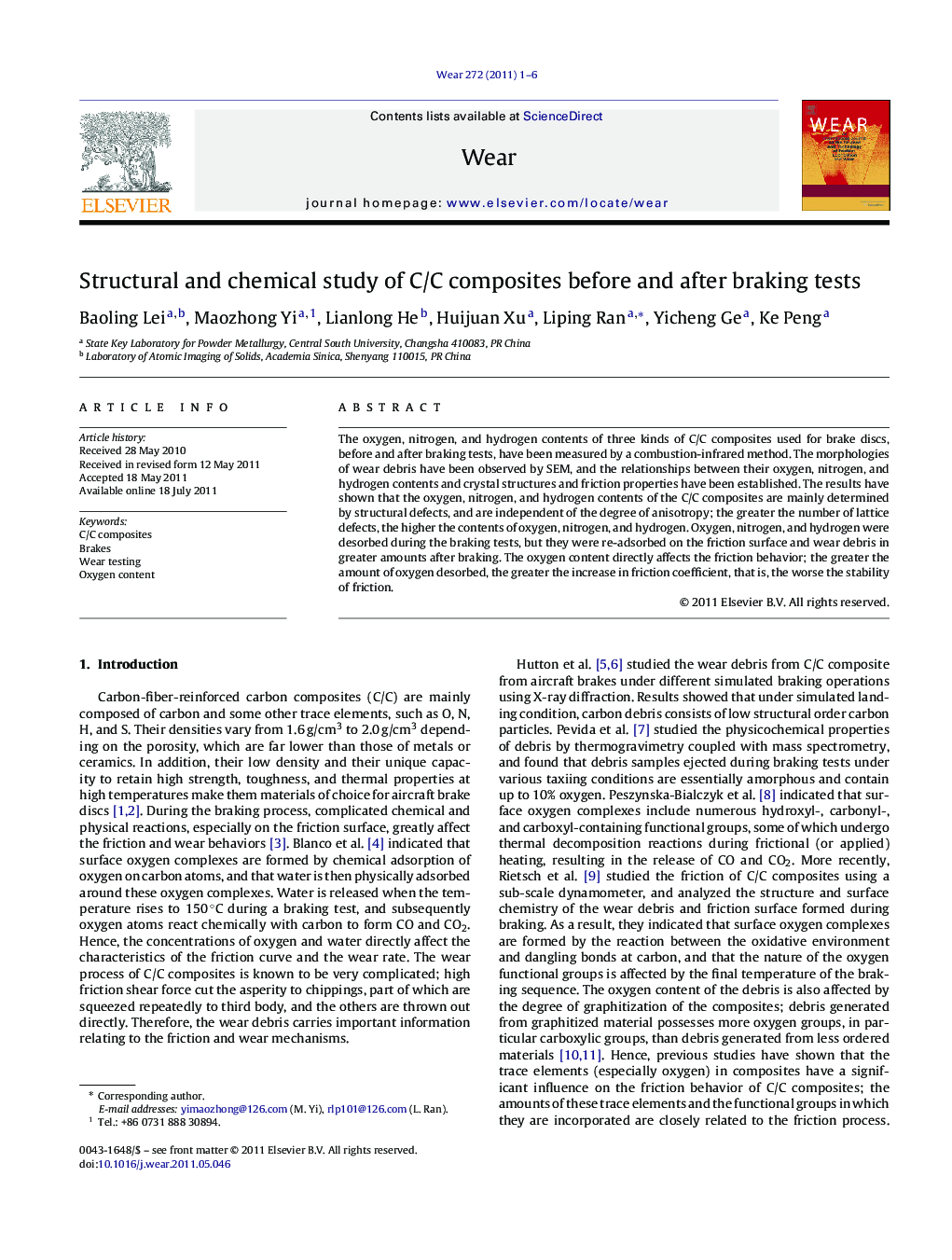 Structural and chemical study of C/C composites before and after braking tests