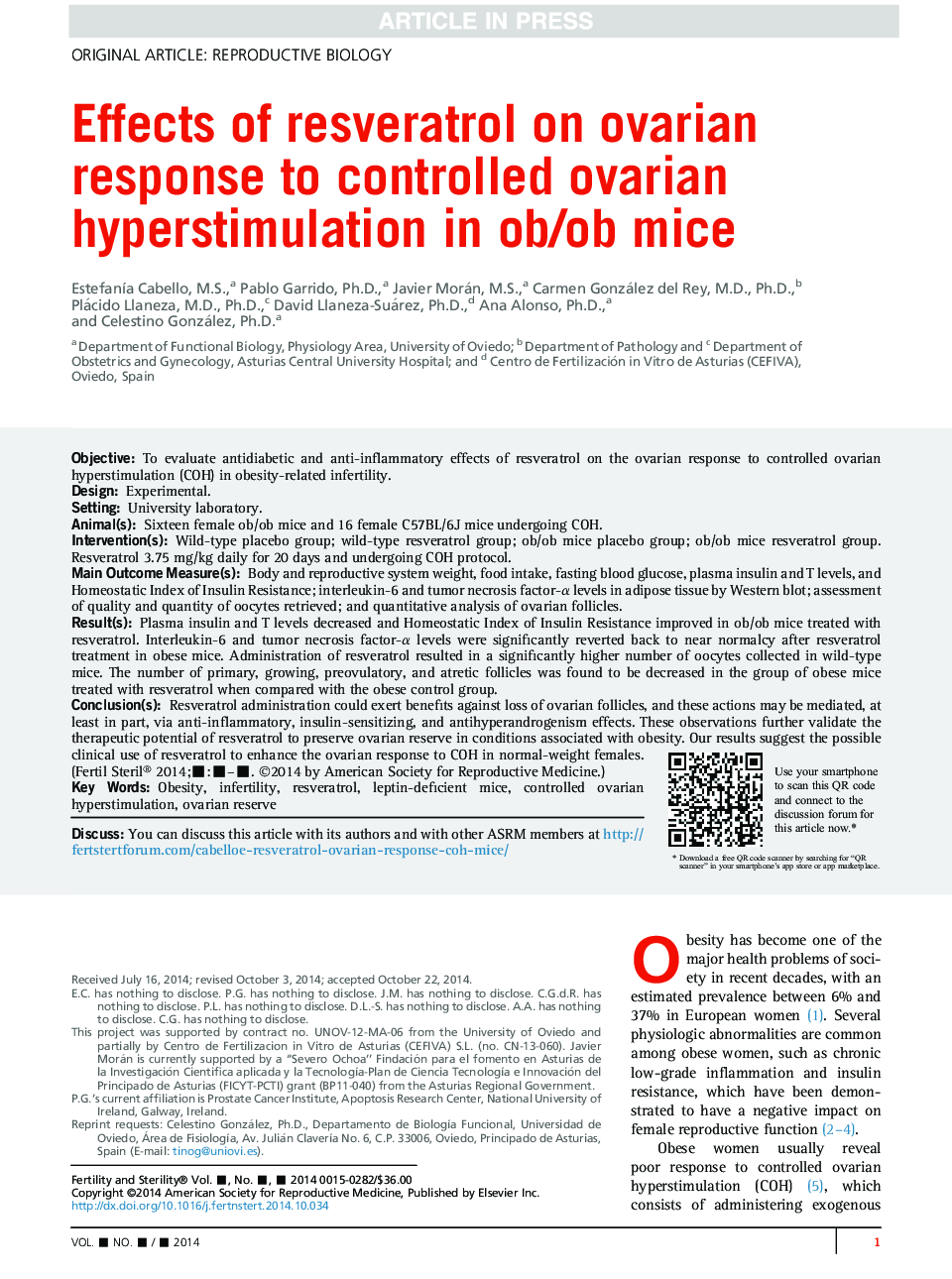 Effects of resveratrol on ovarian response to controlled ovarian hyperstimulation in ob/ob mice