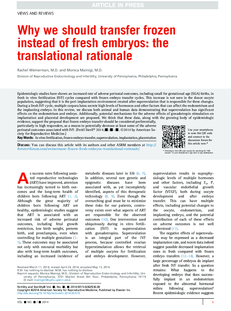 Why we should transfer frozen instead of fresh embryos: the translational rationale