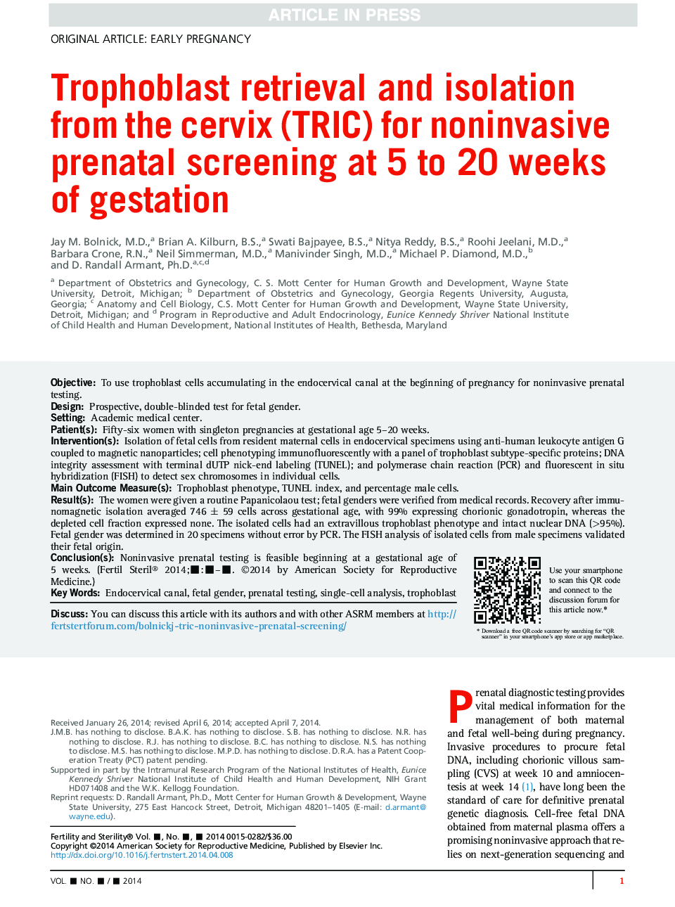 Trophoblast retrieval and isolation from the cervix (TRIC) for noninvasive prenatal screening at 5 to 20Â weeks of gestation