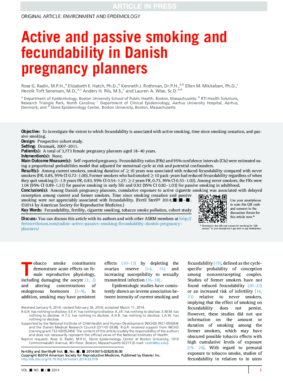 Active and passive smoking and fecundability in Danish pregnancy planners