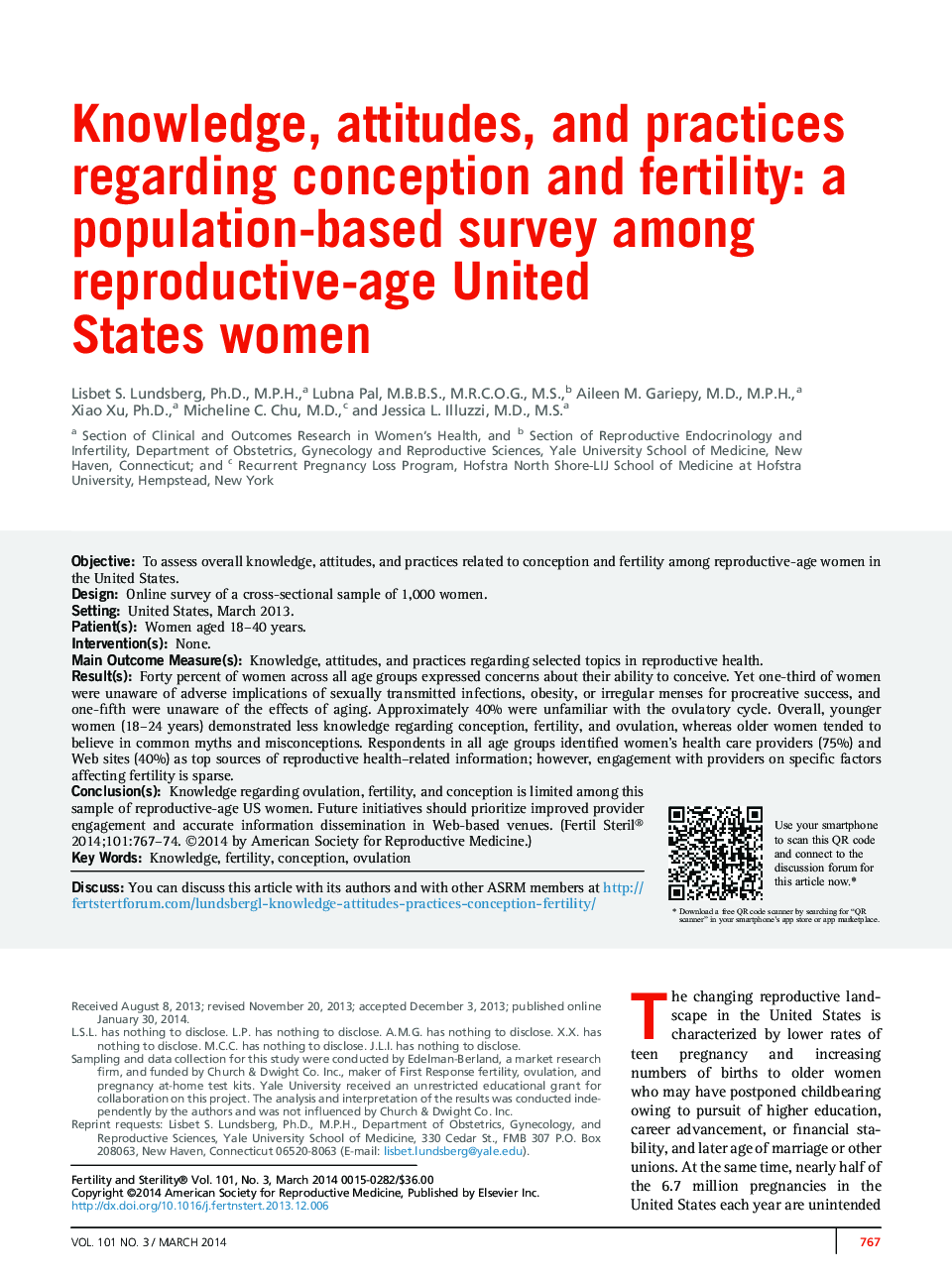 دانش، نگرش ها و شیوه های مربوط به مفهوم و باروری: یک بررسی جمعیت مبتنی بر زنان در سن باروری زنان ایالات متحده است 