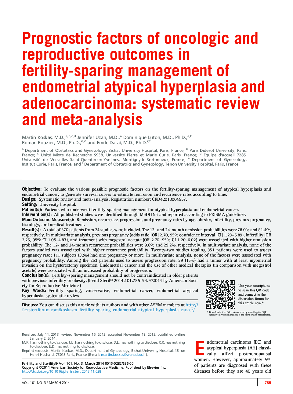 Prognostic factors of oncologic and reproductive outcomes in fertility-sparing management of endometrial atypical hyperplasia and adenocarcinoma: systematic review and meta-analysis