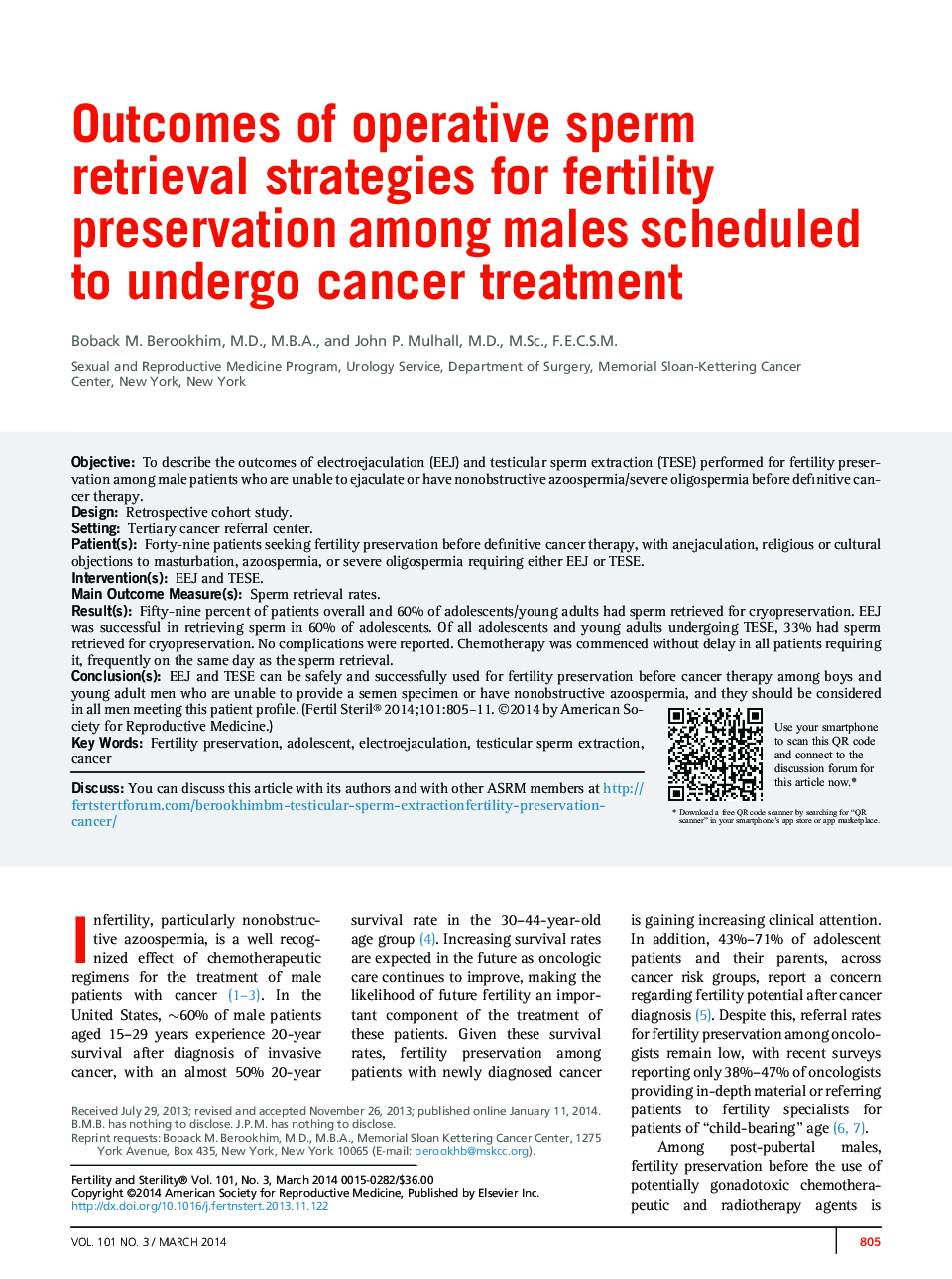 نتایج استراتژی های بازیابی اسپرم عملیاتی برای حفظ باروری در میان مردان برنامه ریزی شده برای درمان سرطان 