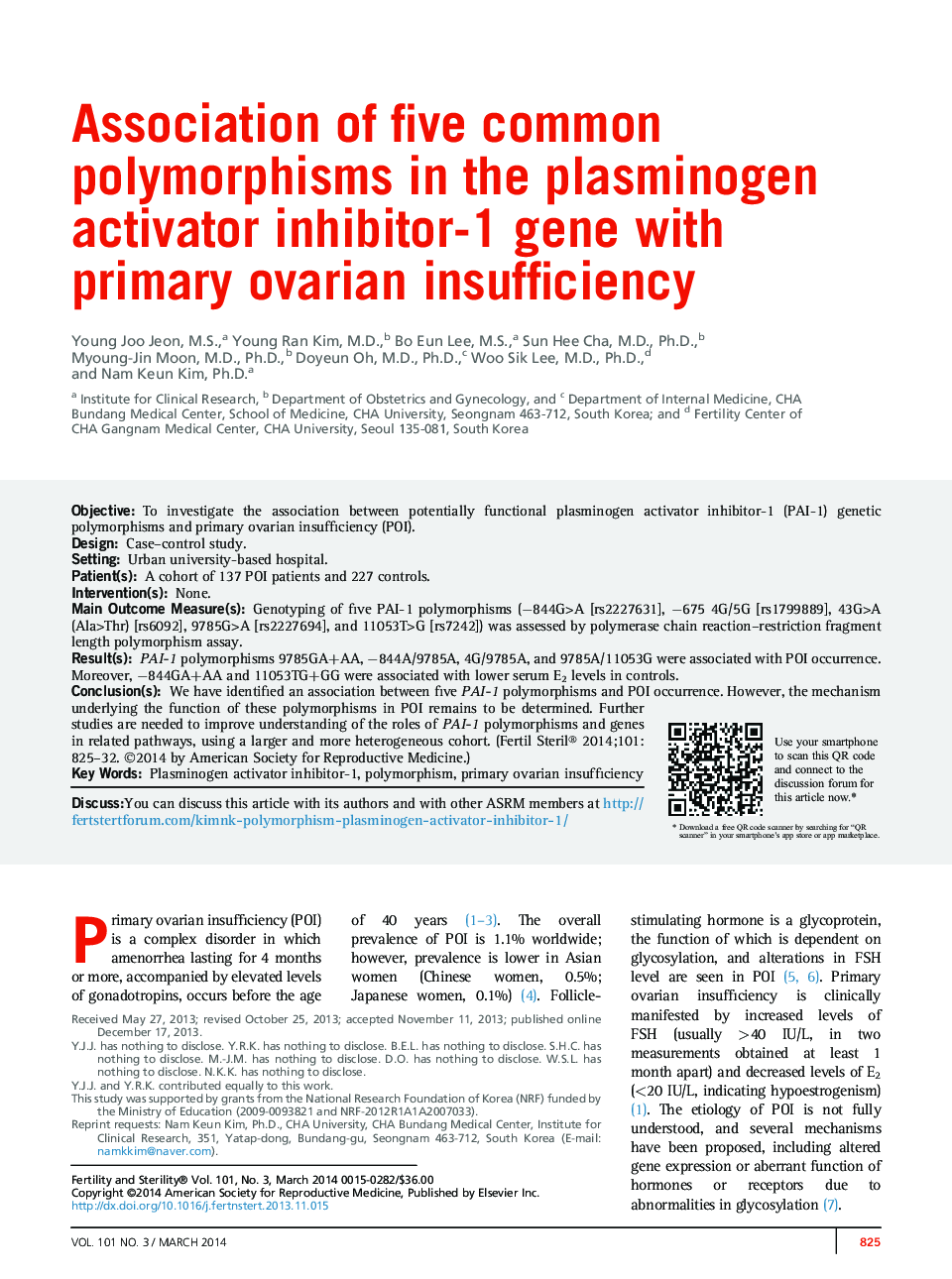 Association of five common polymorphisms in the plasminogen activator inhibitor-1 gene with primary ovarian insufficiency