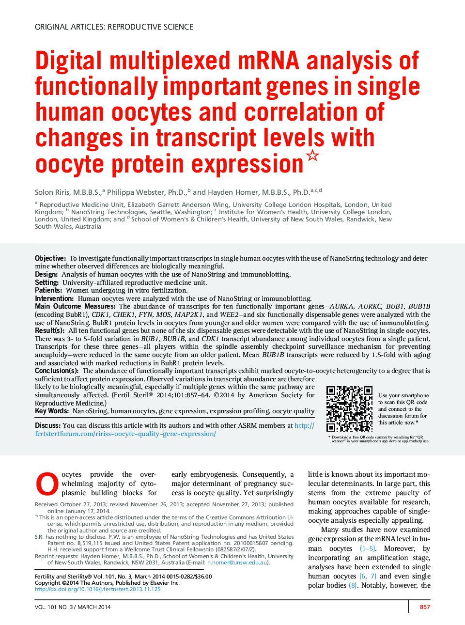 Digital multiplexed mRNA analysis of functionally important genes in single human oocytes and correlation of changes in transcript levels with oocyte protein expression