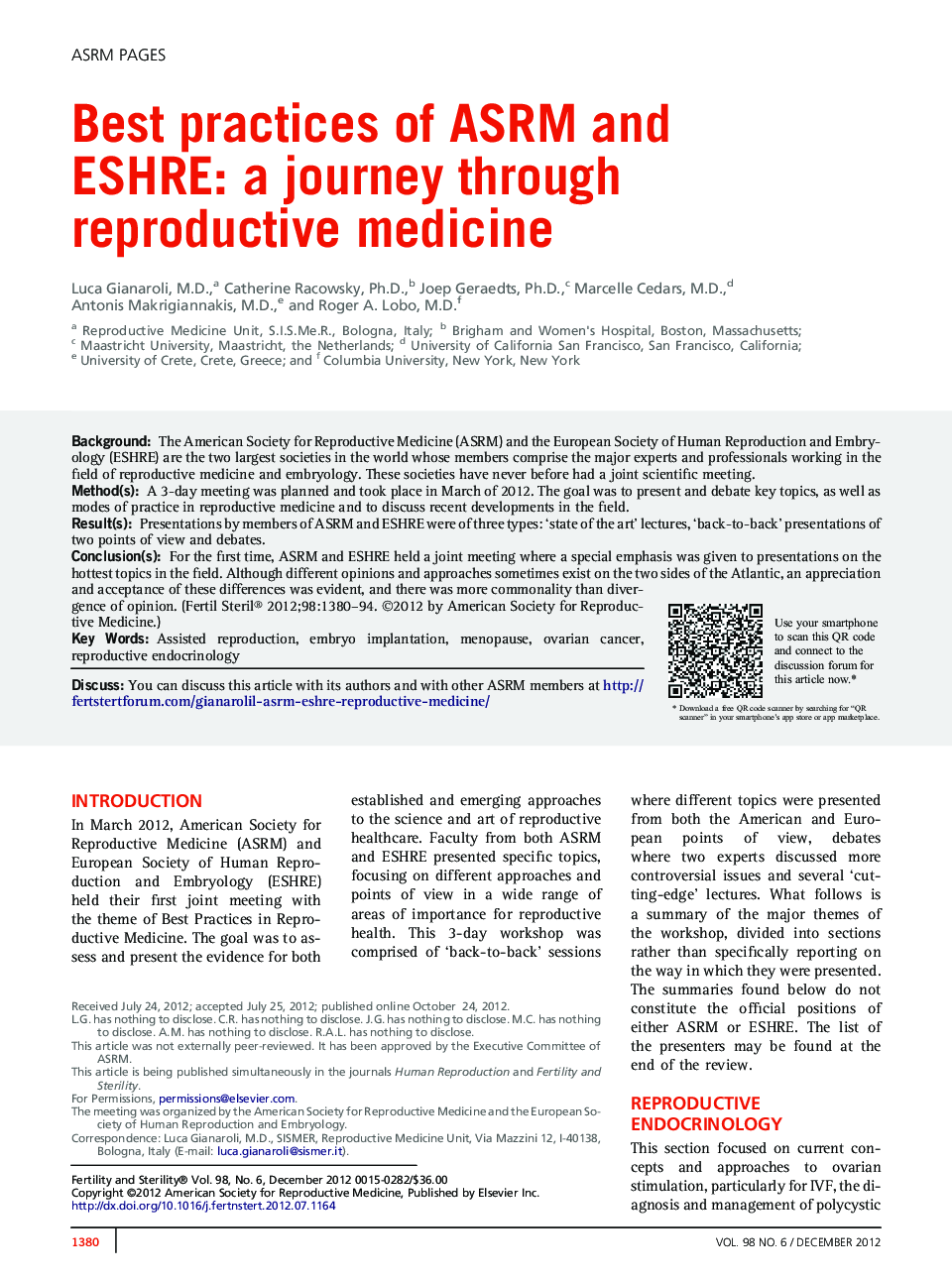 Best practices of ASRM and ESHRE: a journey through reproductive medicine