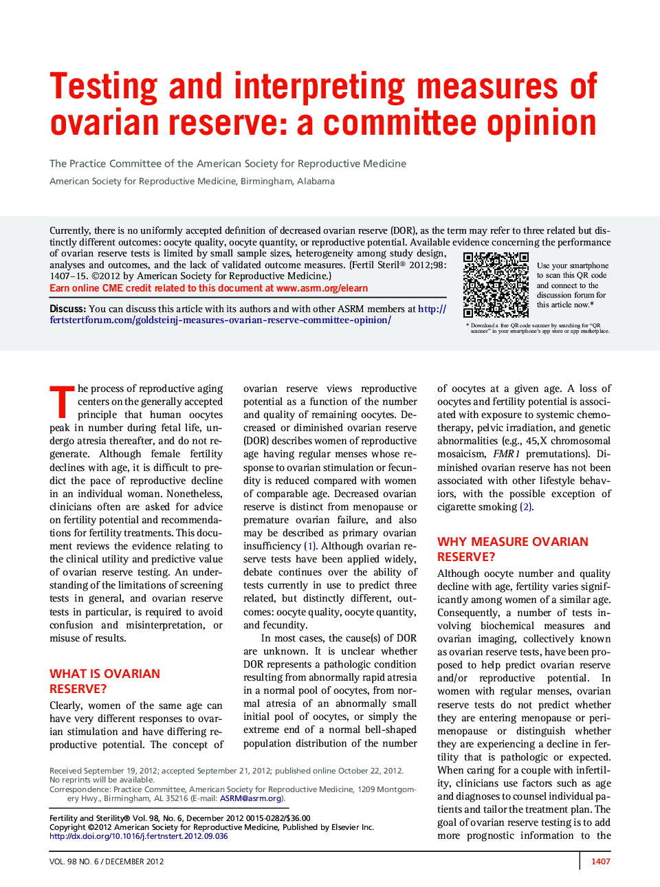 Testing and interpreting measures of ovarian reserve: a committee opinion