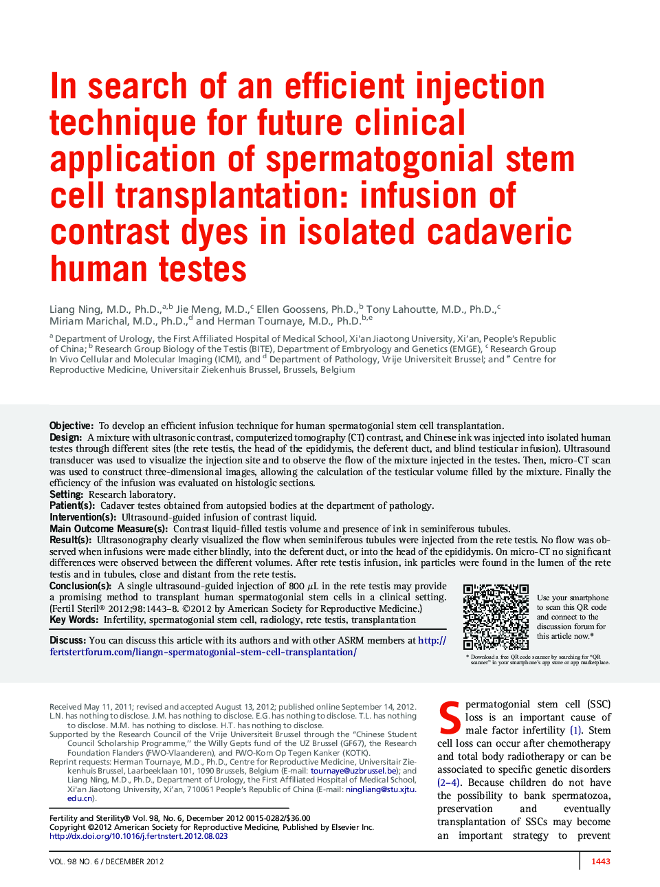 In search of an efficient injection technique for future clinical application of spermatogonial stem cell transplantation: infusion of contrast dyes in isolated cadaveric human testes