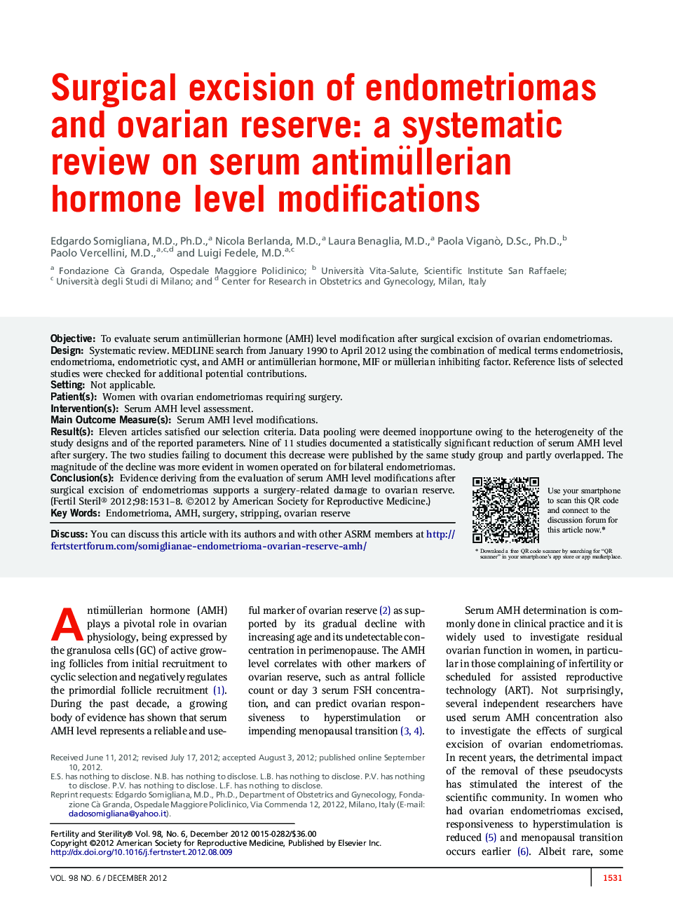 Surgical excision of endometriomas and ovarian reserve: a systematic review on serum antimüllerian hormone level modifications