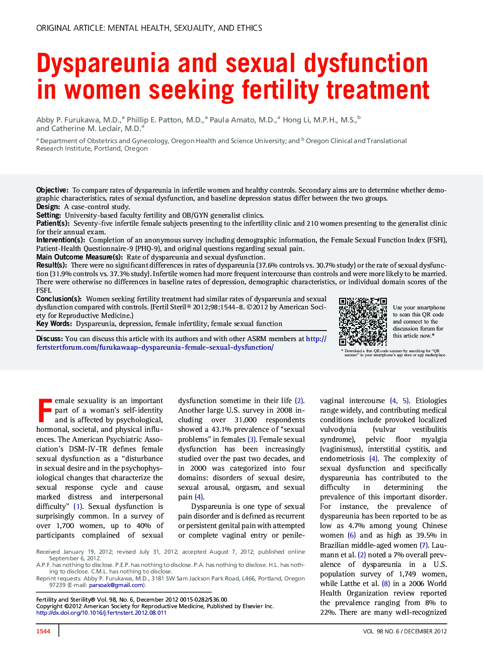 Dyspareunia and sexual dysfunction in women seeking fertility treatment