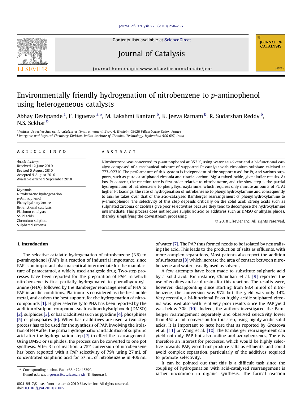 Environmentally friendly hydrogenation of nitrobenzene to p-aminophenol using heterogeneous catalysts