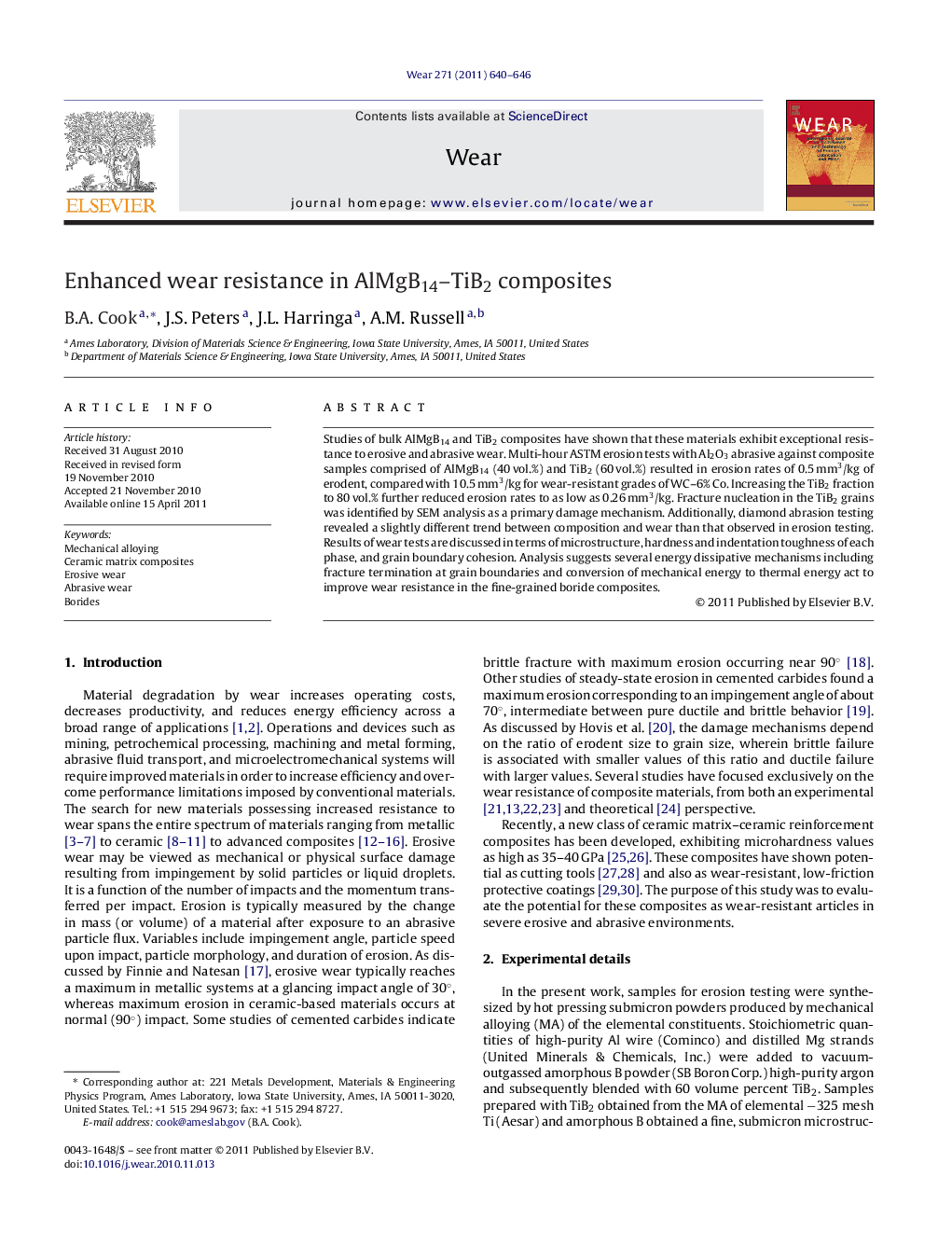 Enhanced wear resistance in AlMgB14–TiB2 composites