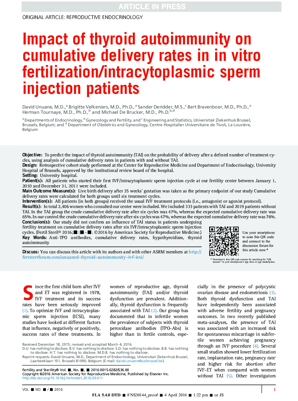 Impact of thyroid autoimmunity on cumulative delivery rates in inÂ vitro fertilization/intracytoplasmic sperm injection patients