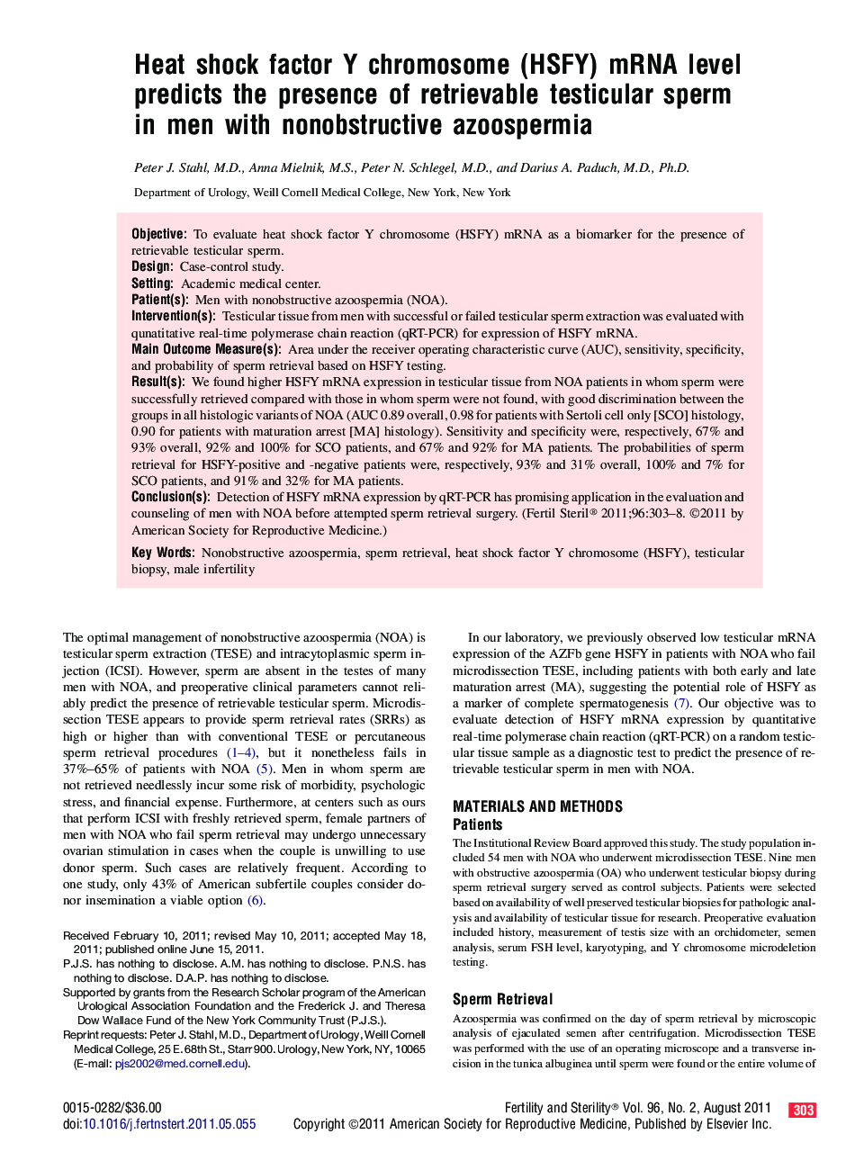 Heat shock factor Y chromosome (HSFY) mRNA level predicts the presence of retrievable testicular sperm in men with nonobstructive azoospermia