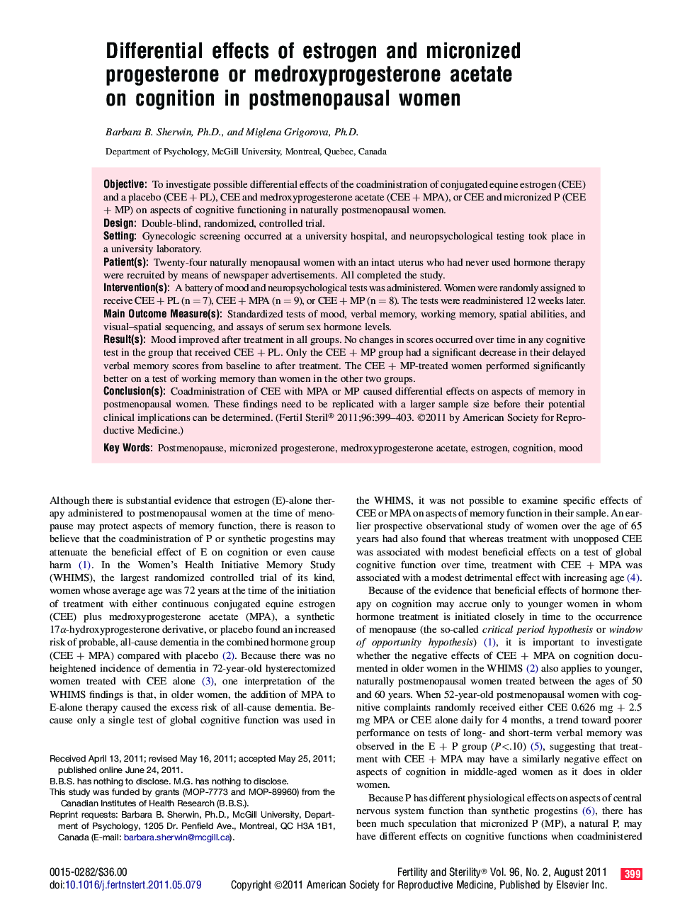 Differential effects of estrogen and micronized progesterone or medroxyprogesterone acetate on cognition in postmenopausal women