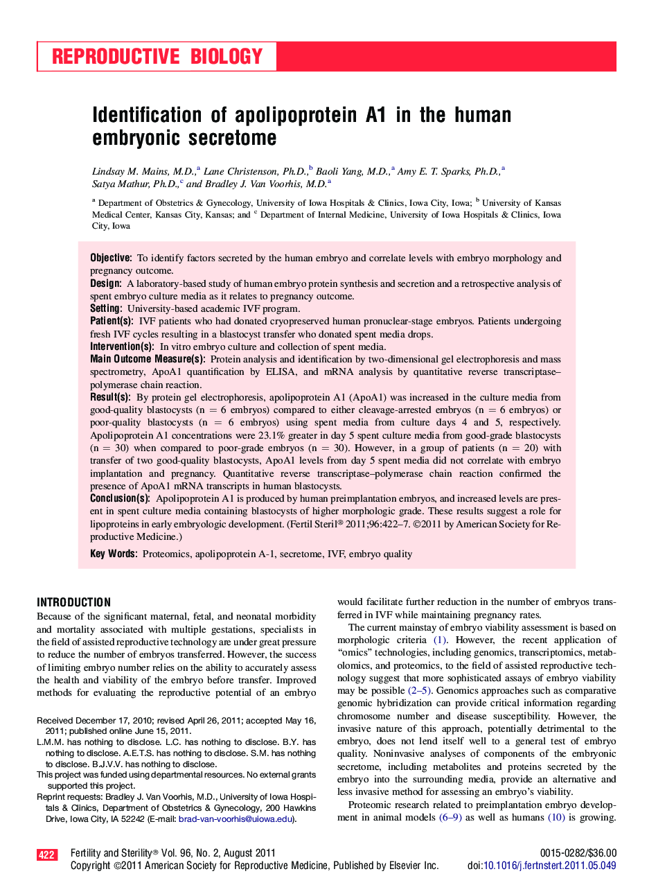 عکس صفحه اول مقاله: Identification of apolipoprotein A1 in the human embryonic secretome Identification of apolipoprotein A1 in the human embryonic secretome
