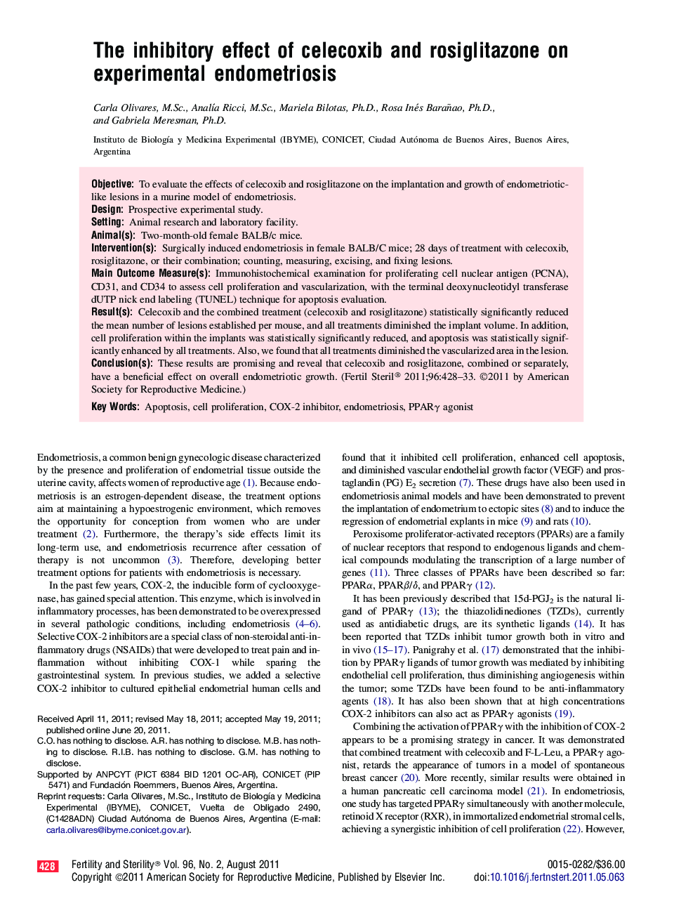 The inhibitory effect of celecoxib and rosiglitazone on experimental endometriosis