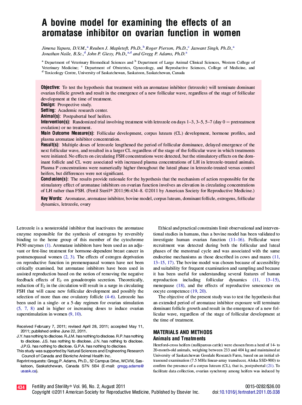 A bovine model for examining the effects of an aromatase inhibitor on ovarian function in women