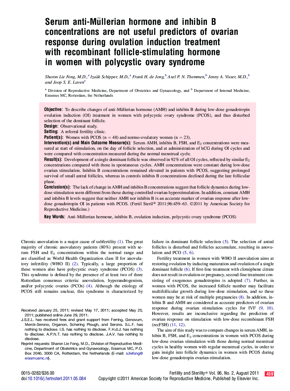 Serum anti-Müllerian hormone and inhibin B concentrations are not useful predictors of ovarian response during ovulation induction treatment with recombinant follicle-stimulating hormone in women with polycystic ovary syndrome