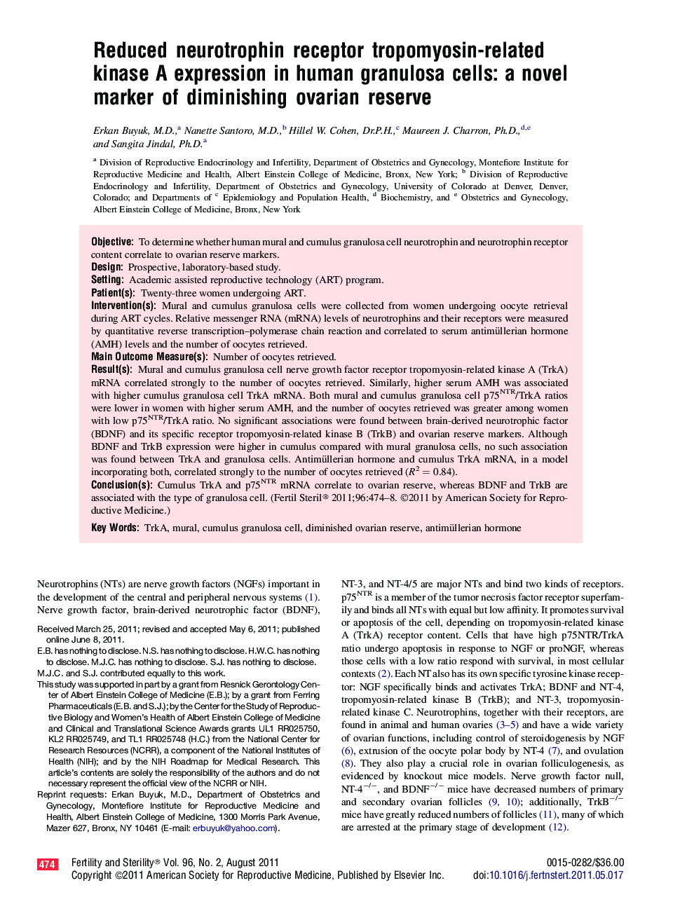 Reduced neurotrophin receptor tropomyosin-related kinase A expression in human granulosa cells: a novel marker of diminishing ovarian reserve