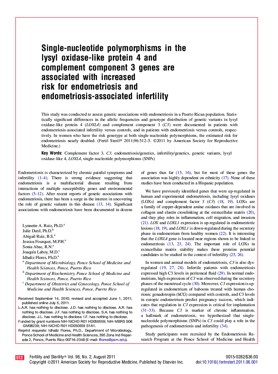 Single-nucleotide polymorphisms in the lysyl oxidase-like protein 4 and complement component 3 genes are associated with increased risk for endometriosis and endometriosis-associated infertility