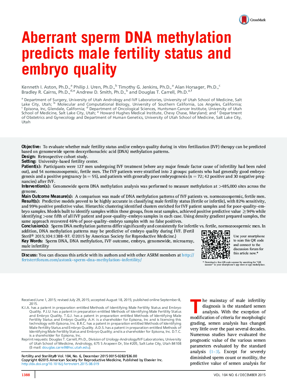 Aberrant sperm DNA methylation predicts male fertility status and embryo quality