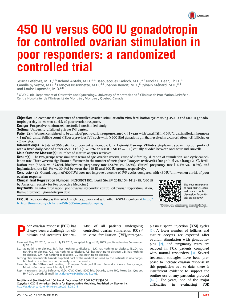 450 IU versus 600 IU gonadotropin for controlled ovarian stimulation in poor responders: a randomized controlled trial