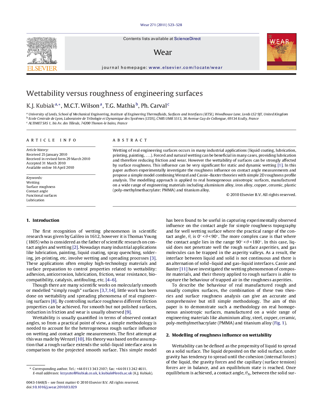 Wettability versus roughness of engineering surfaces