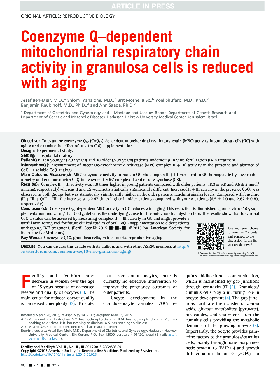 Coenzyme Q-dependent mitochondrial respiratory chain activity in granulosa cells is reduced with aging