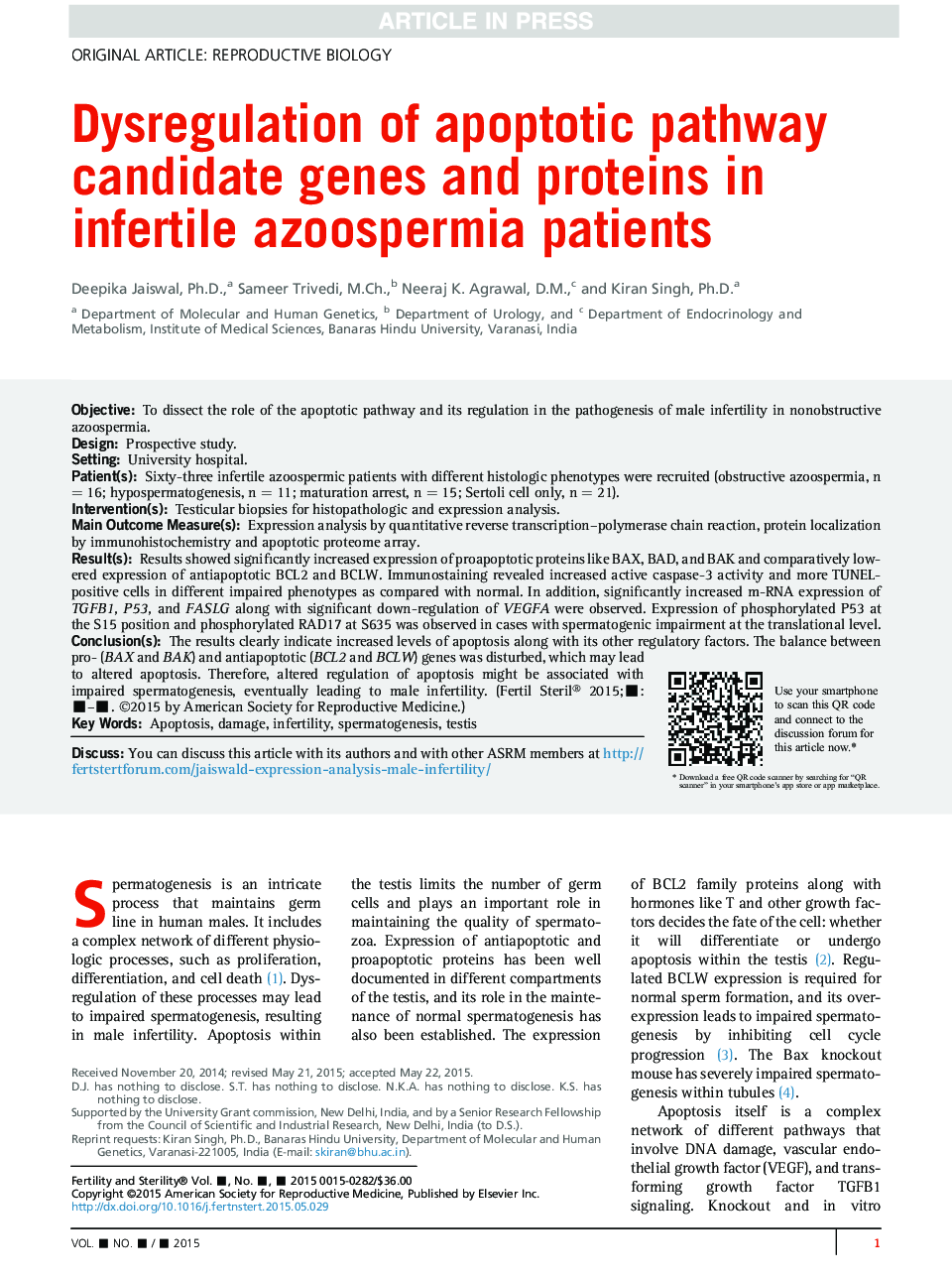 Dysregulation of apoptotic pathway candidate genes and proteins in infertile azoospermia patients