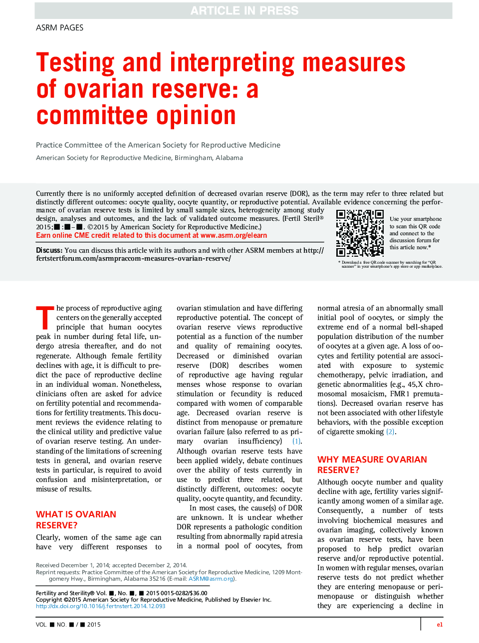Testing and interpreting measures of ovarian reserve: a committee opinion