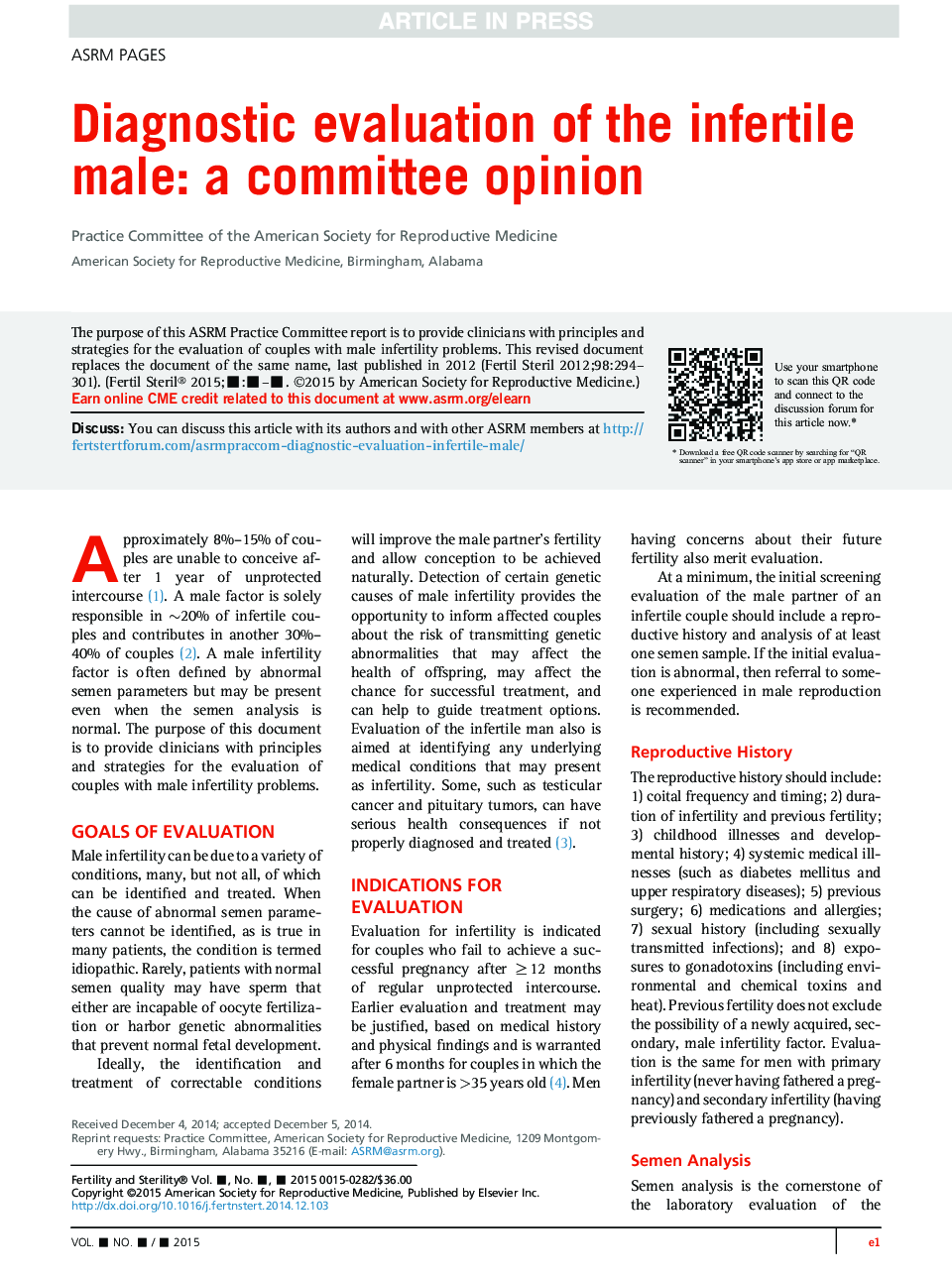 Diagnostic evaluation of the infertile male: a committee opinion