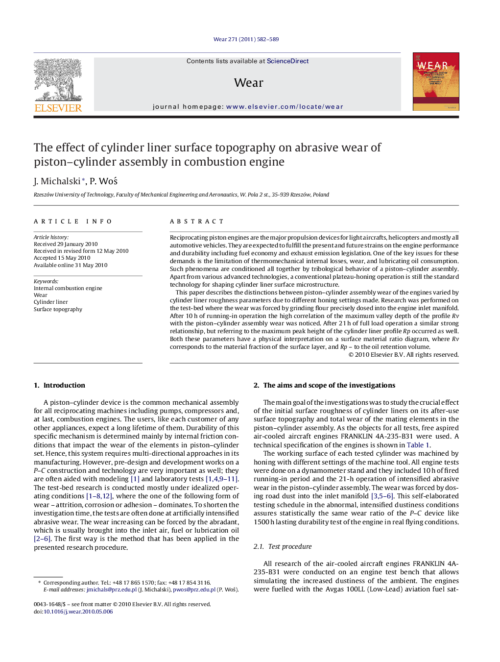 The effect of cylinder liner surface topography on abrasive wear of piston-cylinder assembly in combustion engine