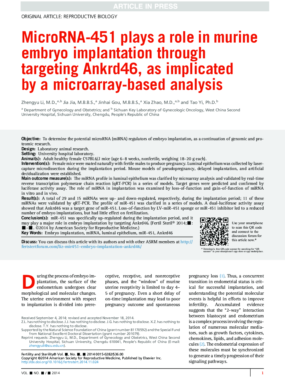 MicroRNA-451 plays a role in murine embryo implantation through targeting Ankrd46, as implicated byÂ aÂ microarray-based analysis